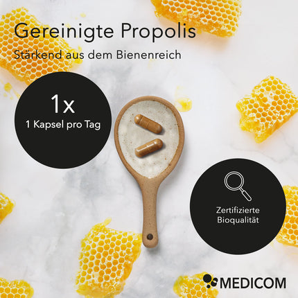 Propolis Produktinformationen mit folgenden Angaben: Gereinigt Propolis, stärkend aus dem Bienenreich, 1 Kapseln pro Tag, zertifizierte Bioqualität