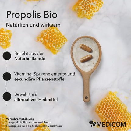 Propolis Bio von Medicom mit Produktinformationen: Beliebt aus der Naturheilkunde, Vitamine, Spurenelemente und sekundäre Pflanzenstoffe sowie bewährt als alternatives Heilmittel. Informationen zur Verzehrempfehlung.