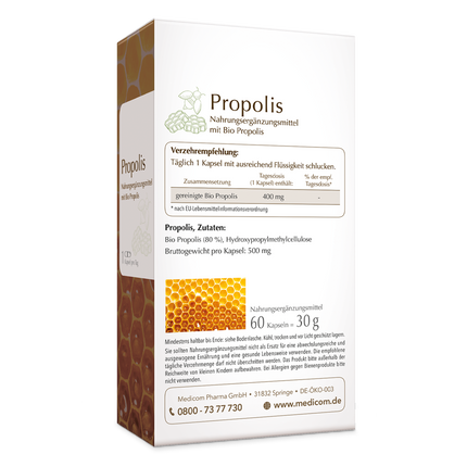 Die Rückseite der Packung von Propolis von Medicom mit genauer Angabe von Verzehrempfehlung und Zutaten