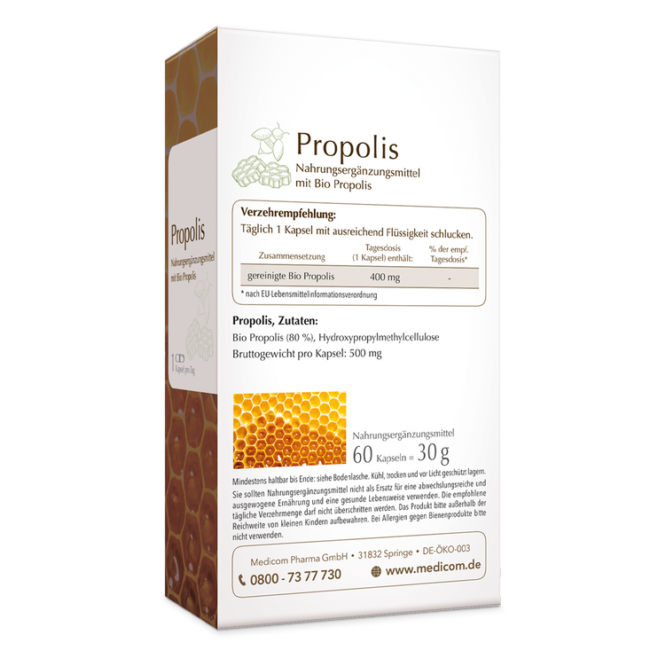Die Rückseite der Packung von Propolis von Medicom mit genauer Angabe von Verzehrempfehlung und Zutaten
