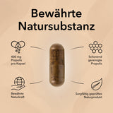 Propolis Produktinformationen mit folgenden Angaben: Gereinigte Propolis, stärkend aus dem Bienenreich, 1 Kapseln pro Tag, Naturprodukt, 400 mg Propolis pro Kapsel