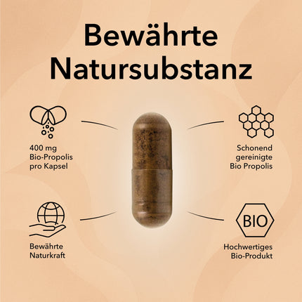 Propolis Produktinformationen mit folgenden Angaben: Gereinigt Propolis, stärkend aus dem Bienenreich, 1 Kapseln pro Tag, zertifizierte Bioqualität, Klassiker aus der Naturheilkunde, 400 mg Bio 