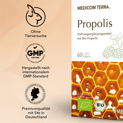 Produktinformationen zu Propolis. Ein Holztablett und die Produktpackung von Propolis.