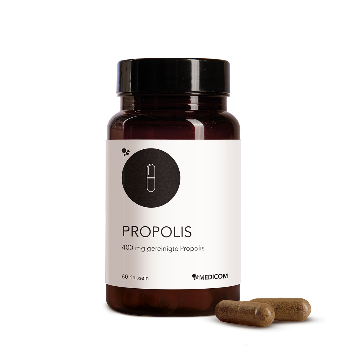 A brown bottle labeled "Propolis" with 400 mg and two Propolis capsules beside it on a white background, highlighting this valuable natural product.