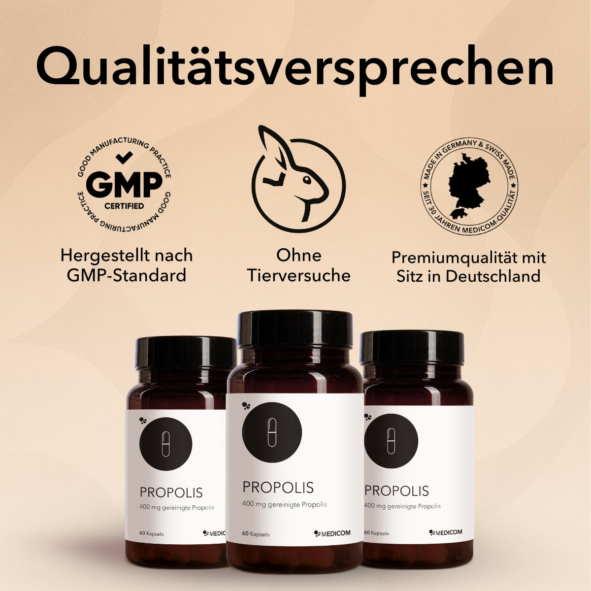 Qualitätsversprechen von Medicom: Hergestellt nach GPM Standard, ohne Tierversuche und Premiumqualität mit Sitz in Deutschland