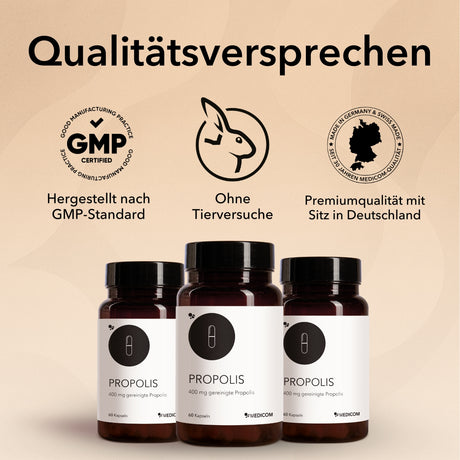 Qualitätsversprechen von Medicom: Hergestellt nach GPM Standard, ohne Tierversuche und Premiumqualität mit Sitz in Deutschland