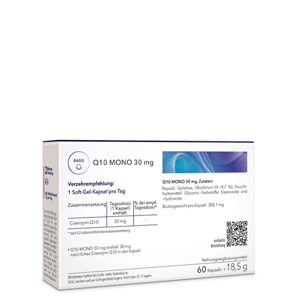 Q10 Mono 30 mg – die Rückseite der Produktpackung mit genauer Angabe von Verzehrempfehlung, Zutaten und Zusammensetzung.