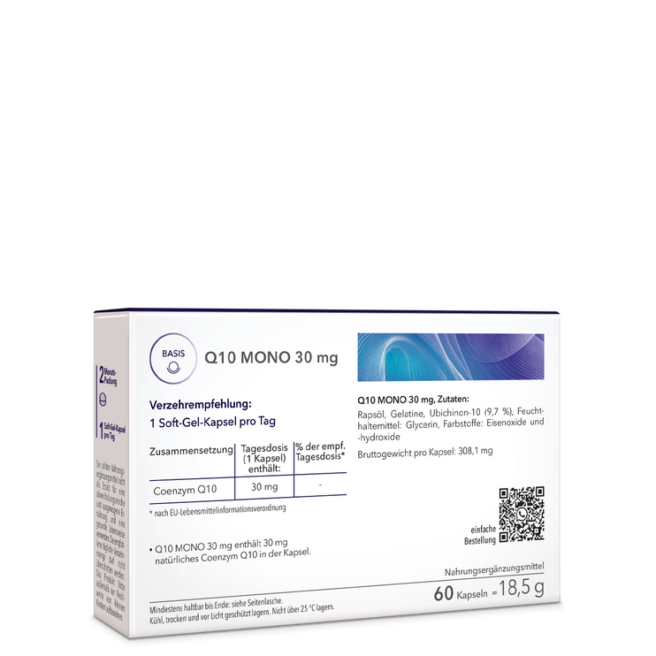 Q10 Mono 30 mg – die Rückseite der Produktpackung mit genauer Angabe von Verzehrempfehlung, Zutaten und Zusammensetzung.