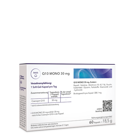 Q10 Mono 30 mg – die Rückseite der Produktpackung mit genauer Angabe von Verzehrempfehlung, Zutaten und Zusammensetzung.