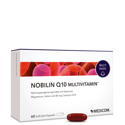 Die Vorderansicht der Produktpackung Nobilin Q10 Multivitamin® mit einer Soft-Gel-Kapsel im Vordergrund