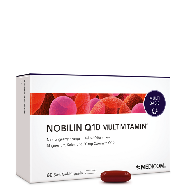 Die Vorderansicht der Produktpackung Nobilin Q10 Multivitamin® mit einer Soft-Gel-Kapsel im Vordergrund