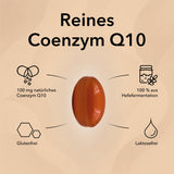 Die Kapsel Q10 Mono 100 mg in der Mitte, Produktinformationen und Eigenschaften wie glutenfrei und laktosefrei