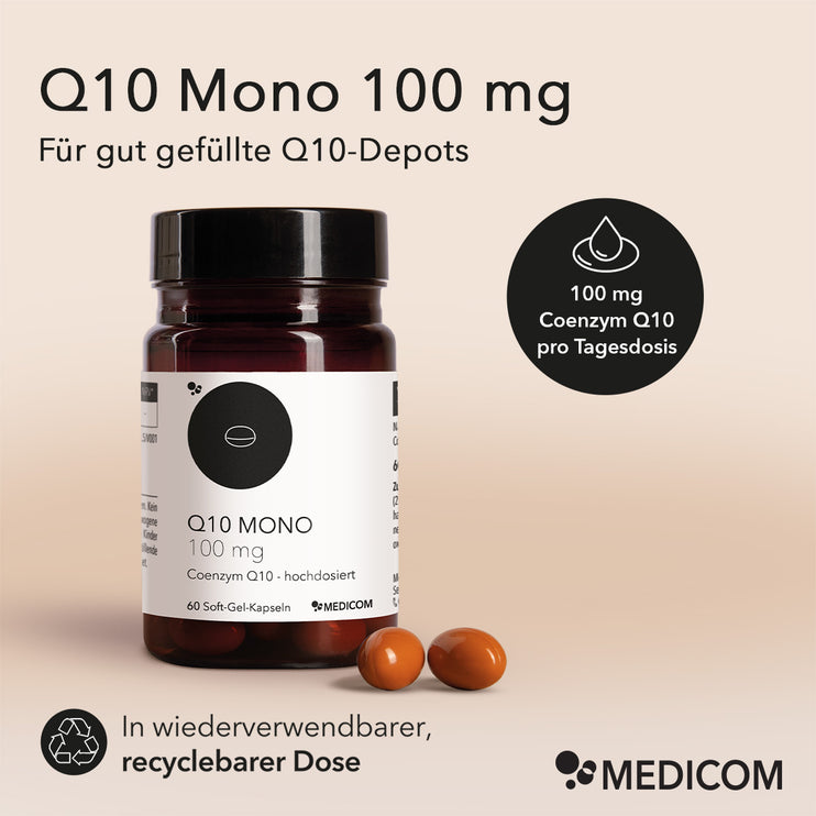 Die Produktdose von Q10 Mono 100 mg mit Produktinformationen wie die Tagesdosis und in wiederverwendbarer und recyclebarer Dose