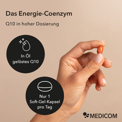 Eine Hand hält eine Soft-Gel-Kapsel von Q10 Mono 100 mg in der Hand. In zwei Störern Produktinformationen und Verzehrempfehlung 