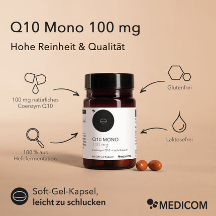 Die Produktdose Q10 Mono 100 mg mit zwei Kapseln im Vordergrund, Produktinformationen und Eigenschaften 
