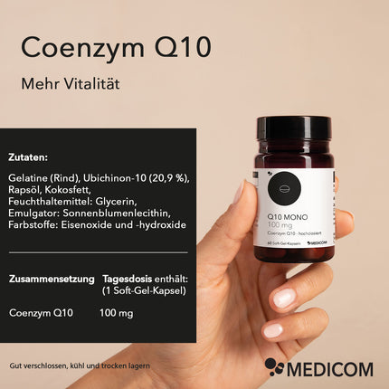 Die Produktdose von Q10 Mono 100 mg mit genauer Angabe von Zutaten und Tagesdosis sowie Aufbewahrungsempfehlung