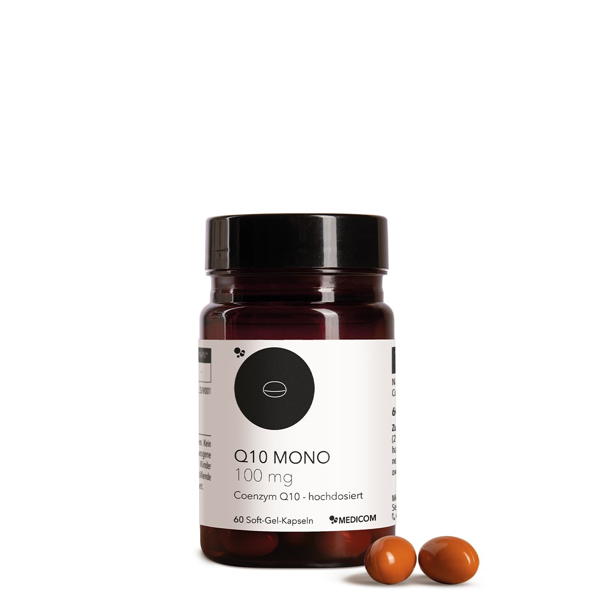 Die Produktdose von Q10 Mono 100 mg und zwei Soft-Gel-Kapseln im Vordergrund
