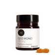 Abgebildet ist eine Produktdose von Medicom Q10 Mono 30 mg mit zwei orangefarbenen Coenzym Q10 Soft-Gel-Kapseln davor
