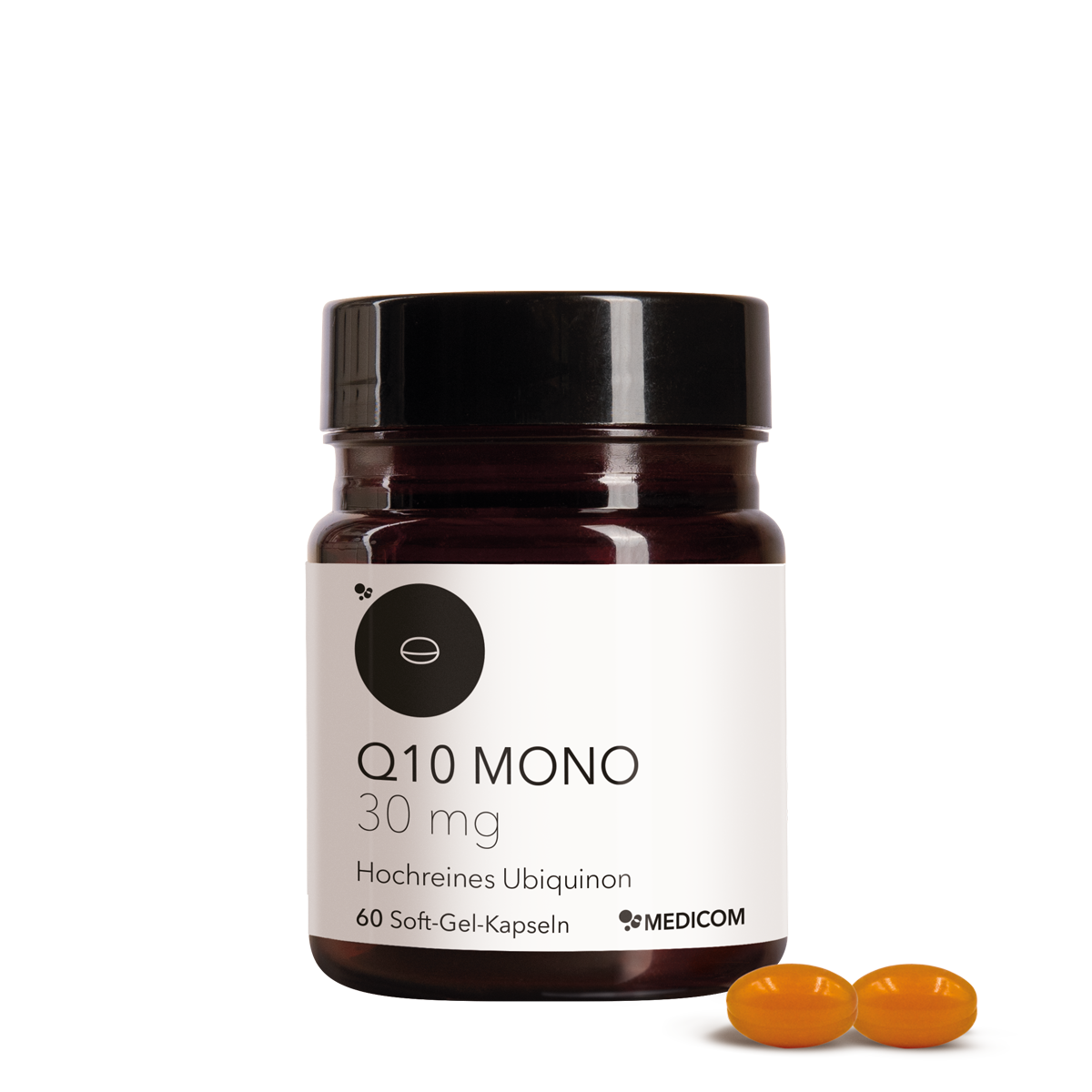 Abgebildet ist eine Produktdose von Medicom Q10 Mono 30 mg mit zwei orangefarbenen Coenzym Q10 Soft-Gel-Kapseln davor