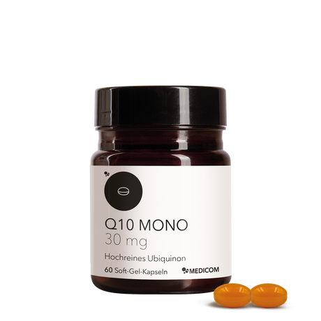 Abgebildet ist eine Produktdose von Medicom Q10 Mono 30 mg mit zwei orangefarbenen Coenzym Q10 Soft-Gel-Kapseln davor