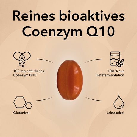 Die Kapsel Q10 Mono 100 mg in der Mitte, Produktinformationen und Eigenschaften wie Glutenfrei und Laktosefrei