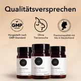 Die Produktdosen von Q10 Mono 100 mg mit einer Auflistung von Qualitätsmerkmalen und Zertifikaten