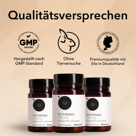 Die Produktdosen von Q10 Mono 100 mg mit einer Auflistung von Qualitätsmerkmalen und Zertifikaten