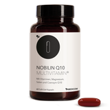 Die Vorderansicht der Produktpackung Nobilin Q10 Multivitamin® mit einer Soft-Gel-Kapsel im Vordergrund