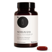 Die Vorderansicht der Produktpackung Nobilin Q10 Multivitamin® mit einer Soft-Gel-Kapsel im Vordergrund