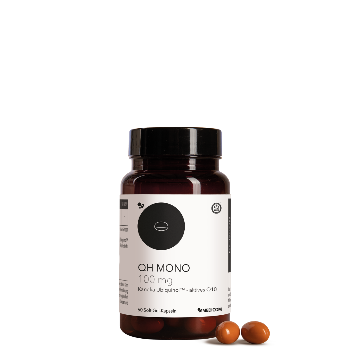 Die Produktdose von QH Mono 100 mg und zwei Soft-Gel-Kapseln im Vordergrund