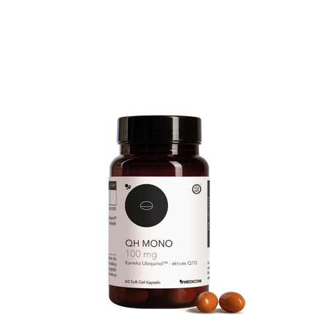 Die Produktdose von QH Mono 100 mg und zwei Soft-Gel-Kapseln im Vordergrund