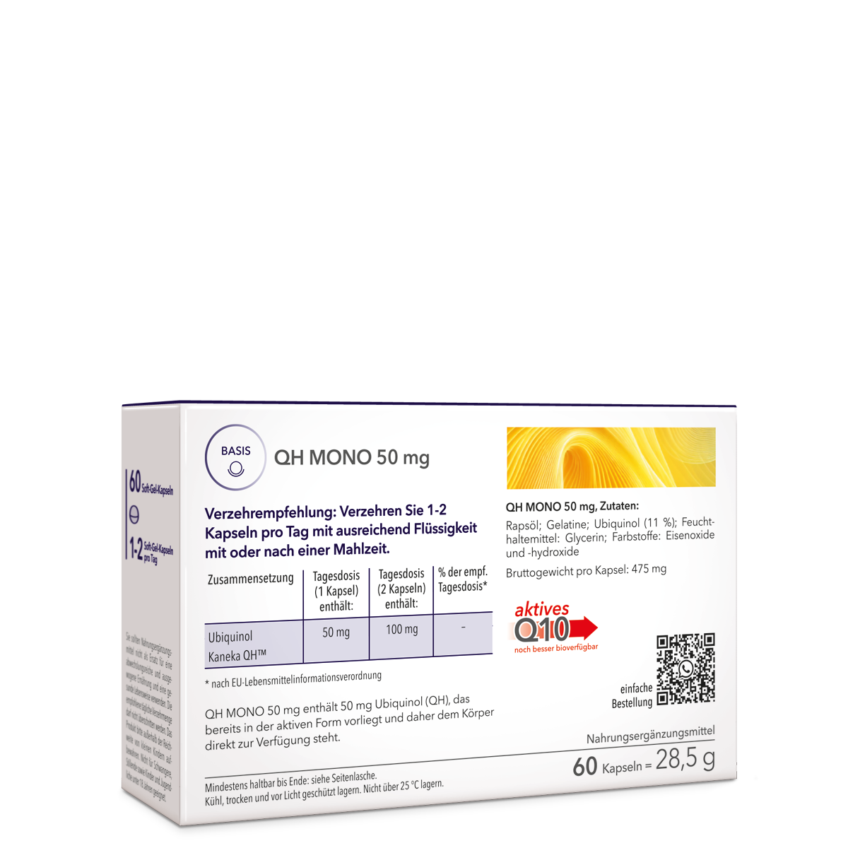Die Rückseite von QH Mono 50 mg mit Angabe von Verzehrempfehlung, Zusammensetzung und Zutaten
