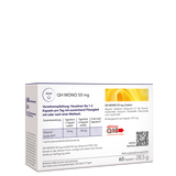 Die Rückseite von QH Mono 50 mg mit Angabe von Verzehrempfehlung, Zusammensetzung und Zutaten
