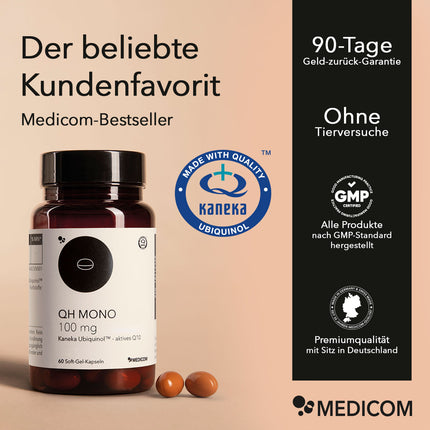 Produktinformationen zu QH Mono 100 mg, Medicom-Bestseller 2025, Siegel und Qualitätszertifikate sowie das blaue Qualitätszeichen von Kaneka