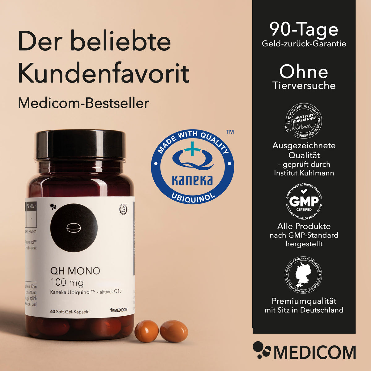 Produktinformationen zu QH Mono 100 mg, Medicom-Bestseller 2025, Siegel und Qualitätszertifikate sowie das blaue Qualitätszeichen von Kaneka und ausgezeichnete Qualität geprüft durch Institut Kuhlmann