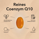 Die orangefarbene Kapsel Q10 Mono 30 mg von Medicom enthält einen deutschen Text, der für das Produkt Coenzym Q10 wirbt. Die Soft-Gel-Kapsel ist glutenfrei, laktosefrei, zu 100% aus Hefe gewonnen und bietet eine tägliche Unterstützung von Q10 in der 30 mg Dosierung.