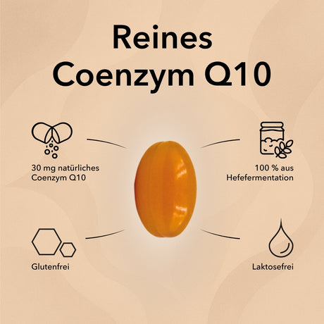 Die orangefarbene Kapsel Q10 Mono 30 mg von Medicom enthält einen deutschen Text, der für das Produkt Coenzym Q10 wirbt. Die Soft-Gel-Kapsel ist glutenfrei, laktosefrei, zu 100% aus Hefe gewonnen und bietet eine tägliche Unterstützung von Q10 in der 30 mg Dosierung.