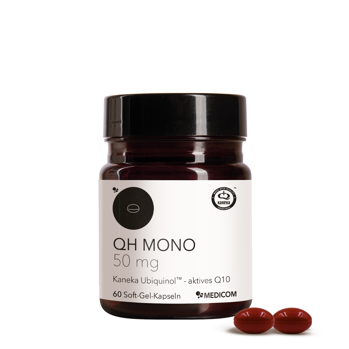 Ein Glas mit der Aufschrift „QH Mono 50 mg“ von Medicom, auf dem zwei rote Kapseln vor weißem Hintergrund abgebildet sind, präsentiert dieses hochwertige Nahrungsergänzungsmittel, das Kaneka QH Ubiquinol enthält – eine Form von Coenzym Q10 mit hoher Bioverfügbarkeit.