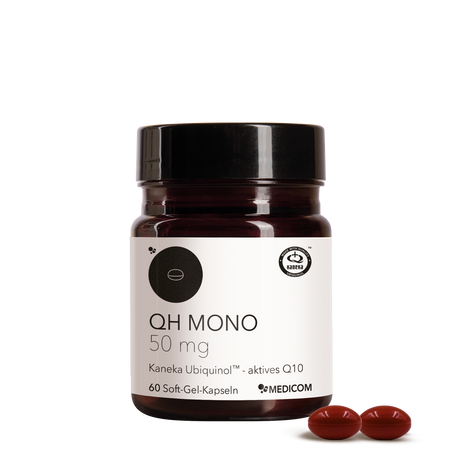 Ein Glas mit der Aufschrift „QH Mono 50 mg“ von Medicom, auf dem zwei rote Kapseln vor weißem Hintergrund abgebildet sind, präsentiert dieses hochwertige Nahrungsergänzungsmittel, das Kaneka QH Ubiquinol enthält – eine Form von Coenzym Q10 mit hoher Bioverfügbarkeit.