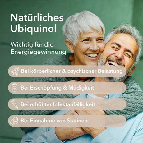 Anwendungsgebiete von natürlichem Ubiquinol und ein lachendes, älteres Paar im Hintergrund