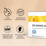 Die Produktpackung von QH Mono 50 mg mit Qualitätssiegel und Zertifikaten und dem blauen Qualitätszeichen von Kaneka