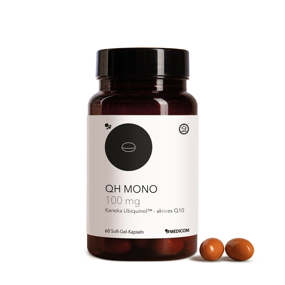 Auf weißem Hintergrund ist eine braune Flasche mit der Aufschrift „QH Mono 100 mg – Gratisprodukt“ von Medicom zu sehen, daneben liegen zwei braune Weichgelkapseln.