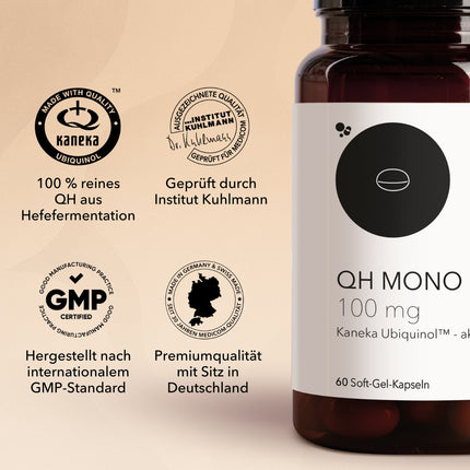 Produktinformationen zu QH Mono 100 mg, Medicom-Bestseller 2025, Siegel und Qualitätszertifikate sowie das Qualitätszeichen von Kaneka und ausgezeichnete Qualität geprüft durch Institut Kuhlmann