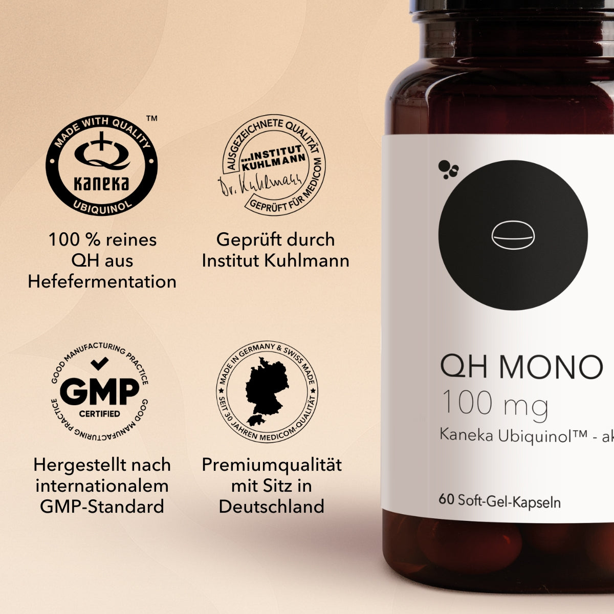 Produktinformationen zu QH Mono 100 mg, Medicom-Bestseller 2025, Siegel und Qualitätszertifikate sowie das Qualitätszeichen von Kaneka und ausgezeichnete Qualität geprüft durch Institut Kuhlmann