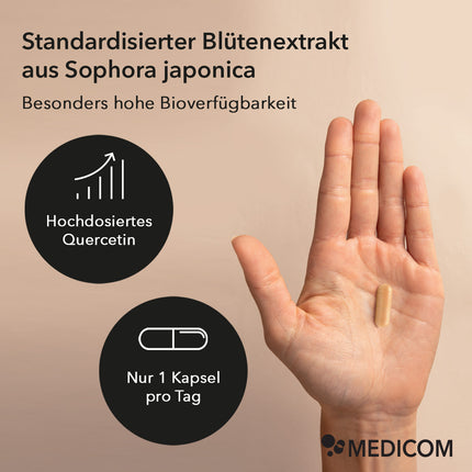 Produktinformationen zu Quercetin von Medicom: 
Quercetin – standardisierter Blütenextrakt aus Sophora japonica
Besonders hohe Bioverfügbarkeit
Bubble 1: Hochdosiertes Quercetin
Bubble 2: Nur 1 Kapsel pro Tag
Rechts im Bild: Eine Frauenhand und eine Kapsel Quercetin