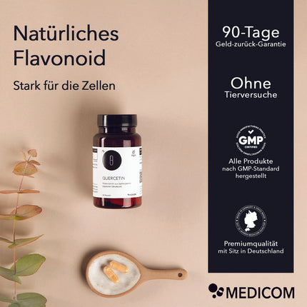 Produktinforamtionen zu Quercetin: Natürliches Flavonoid
Stark für die Zellen. Mittig im Bild eine Produktdose und rechts
Qualitätssiegel und Zertifikate