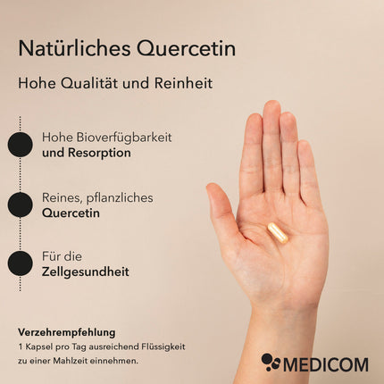 Natürliches Quercetin
Hohe Qualität und Reinheit
Bulletpoint 1: Hohe Bioverfügbarkeit und Resorption
Bulletpoint 2: Reines, pflanzliches Quercetin
Bulletpoint 3: Für die Zellgesundheit 
plus Verzehrempfehlung