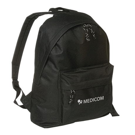 Schwarzer Medicom-Rucksack mit einer Fronttasche mit Reißverschluss und einem Logo.