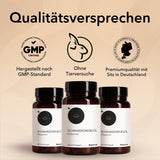 Die Produktdose von Schwarzkümmelöl mit der Information: Bewährte Pflanzenkraft - schonend kaltgepresst. Rechts im Bild ein schwarzer Balken mit Qualitätssiegeln und Qualitätsmerkmalen von Medicom.