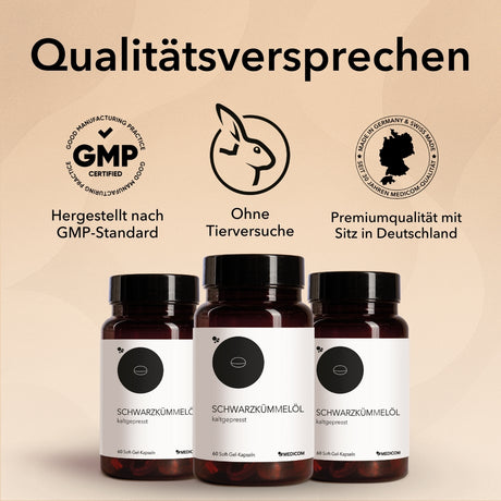 Die Produktdose von Schwarzkümmelöl mit der Information: Bewährte Pflanzenkraft - schonend kaltgepresst. Rechts im Bild ein schwarzer Balken mit Qualitätssiegeln und Qualitätsmerkmalen von Medicom.